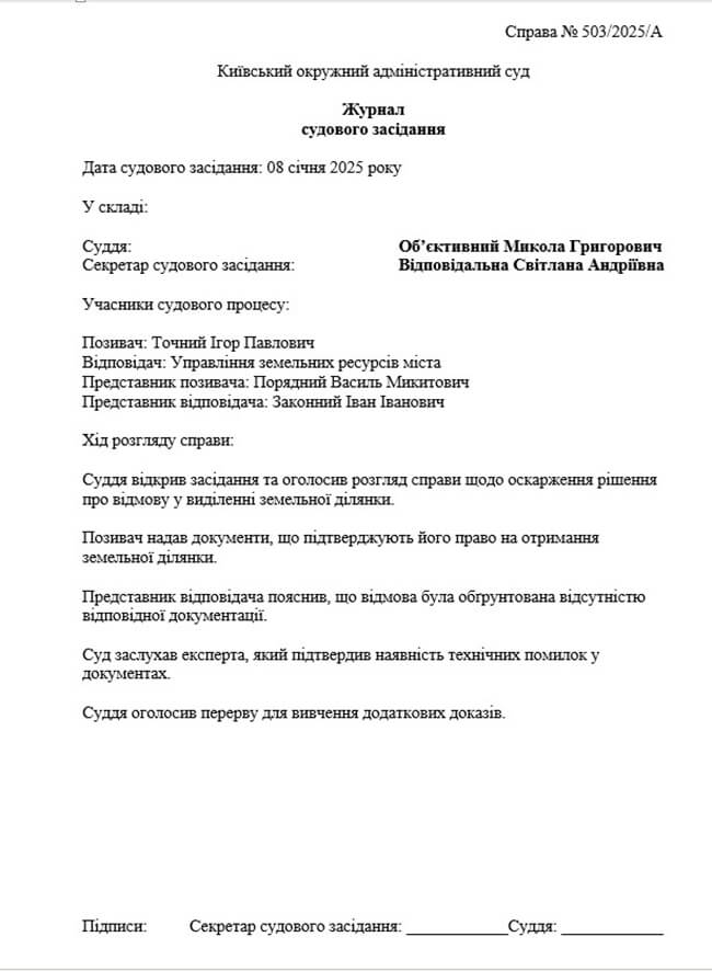 зразок журналу судового засідання у адміністративному судочинстві