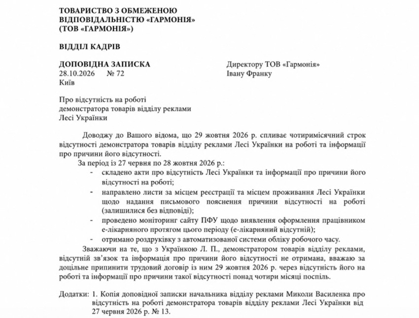 доповідна записка про відсутність працівника на роботі